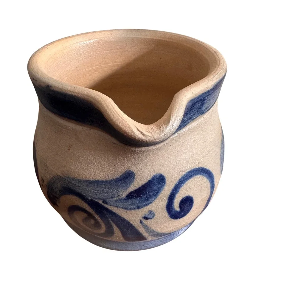 Vintage German Salt Glaze Stoneware Creamer Blue Cobalt Folk Art‎ Floral Pitcher